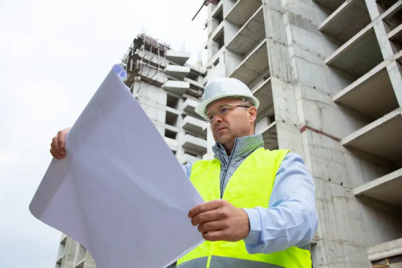 Dva strokovnjaka v zaščitnih čeladah pozorno pregledujeta načrte novega objekta na gradbišču, kar je ključno za uspešno projektiranje in izvedbo.