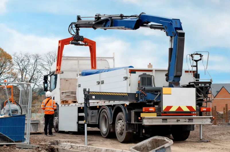Hiab dvigalo, ki dviguje in nalaga tovor na Štajerskem za stranko, ki potrebuje hiab transport.
