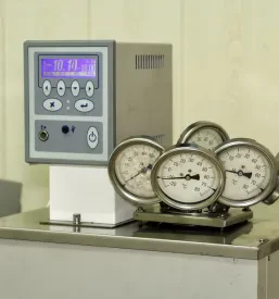 Industrijski termometri in precizna merilna oprema v laboratorijskem termostatu, namenjenem za natančno testiranje in raziskave.