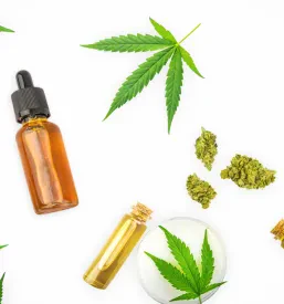 Širok izbor različnih izdelkov iz konoplje, kot so CBD olja, kapsule, mazila in cvetni popki, je skrbno razporejen na beli površini, kar odraža ponudbo v Osrednji Sloveniji.