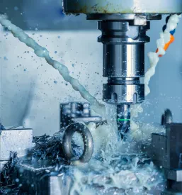 Vertikalni CNC rezkalni proces jekla, kjer curki hladilne tekočine in kovinski ostružki letijo ob rezilnem orodju.