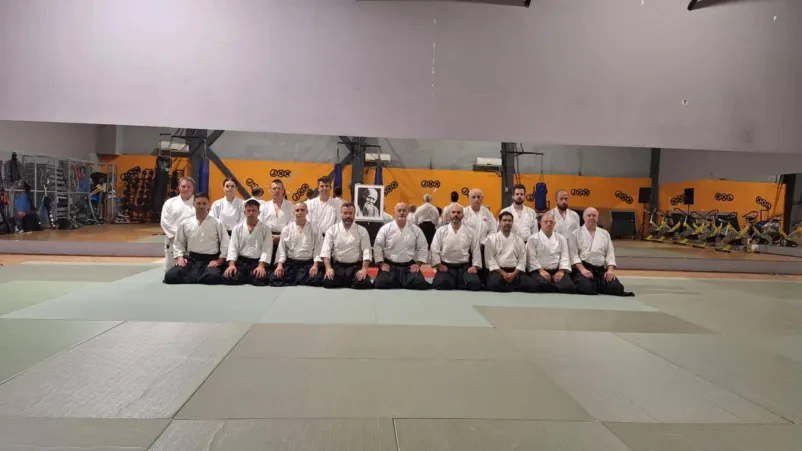 Izkušeni inštruktor demonstrira tehniko aikida skupini učencev. Treningi aikida Ljubljana poudarjajo pravilno izvedbo in razvoj borilnih veščin.
