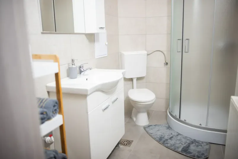 Moderna kopalnica s tuš kabino Čista in moderna kopalnica s prostorno tuš kabino in vsemi potrebnimi pripomočki za osvežitev po napornem dnevu.