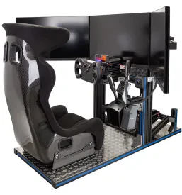 Sodoben visokotehnološki simulator za sim racing z ogljikovimi vlakni in profesionalno opremo, pripravljen na vrhunske izzive.