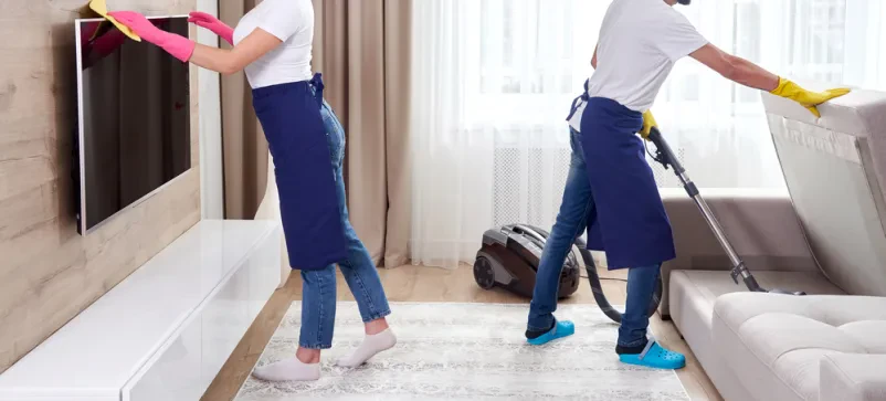 Ekipa profesionalnih čistilcev skrbno čisti tla in briše prah s pohištva v svetli dnevni sobi. Nudimo kvalitetno čiščenje apartmajev Koper in po celotni Obali.