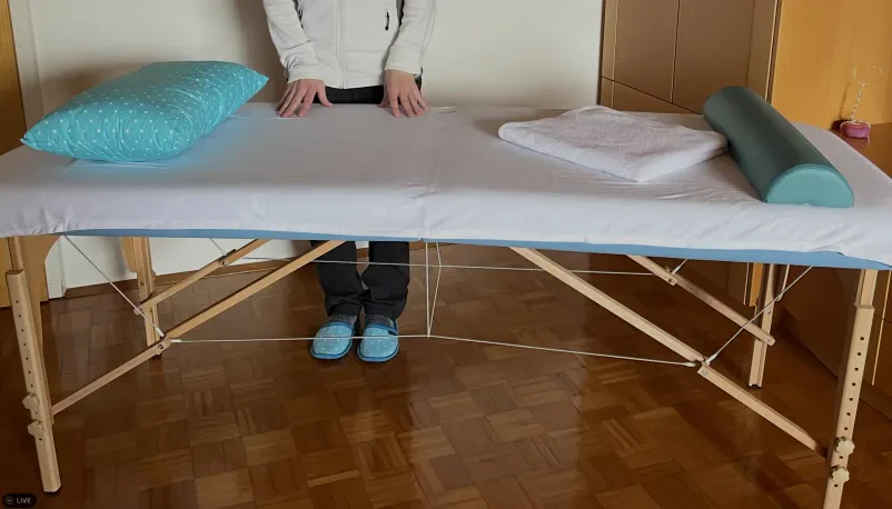 Maserka nežno masira hrbet stranke na prenosni mizi, poudarjajoč sproščujočo klasično masažo na terenu Medvode, Gorenjska, Ljubljana, okolica.
