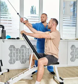 Rehabilitolog v modri uniformi pomaga moškemu pri okrevalni vadbi. Njegova podpora je bistvena za odpravljanje gibalnih omejitev.