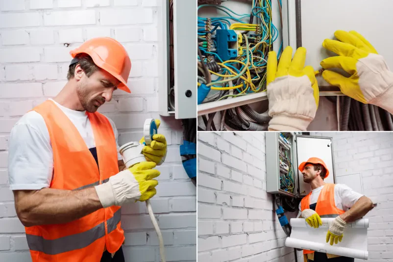 Izkušen električar v zaščitni opremi pregleduje ožičenje v elektro omarici. Za kvalitetne elektro storitve Blanca, Sevnica, Posavje smo vam na voljo.