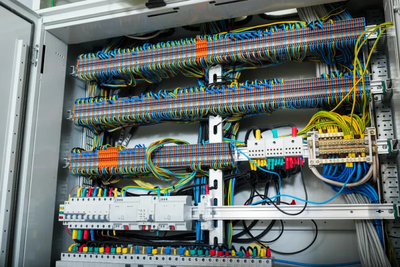 Natančno in urejeno nameščene barvno kodirane žice v električni nadzorni plošči so ključne za zanesljive industrijske elektromontaže.