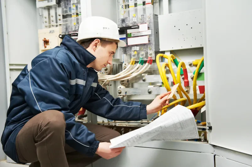 Izkušen električar natančno pregleduje kabelske povezave v industrijski razdelilni omarici, kar zagotavlja varnost in zanesljivost.