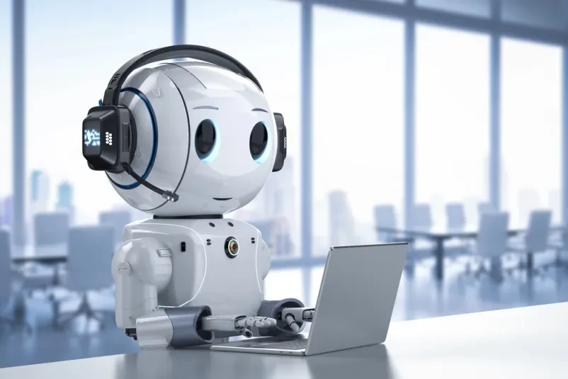 Prijazen robot s slušalkami v klicnem centru Simpatičen 3D robot sedi za pisalno mizo s prenosnikom in slušalkami, kar simbolizira avtomatizacijo storitev za stranke in tehnično pomoč.