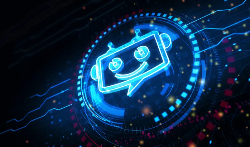Abstraktni simbol AI chatbota v digitalnem omrežju Prikazano je abstraktno ozadje digitalnega omrežja s simbolom chatbota, ki predstavlja spletno pomoč umetne inteligence.