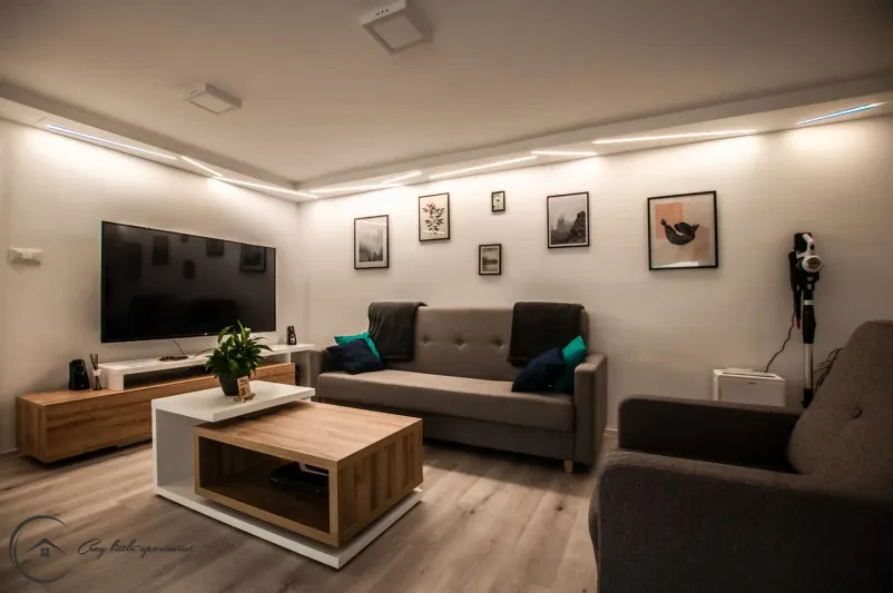 Udoben dnevni prostor apartmaja z opremo v skandinavskem stilu, idealen za oddajo apartmajev Ig, Ljubljana.