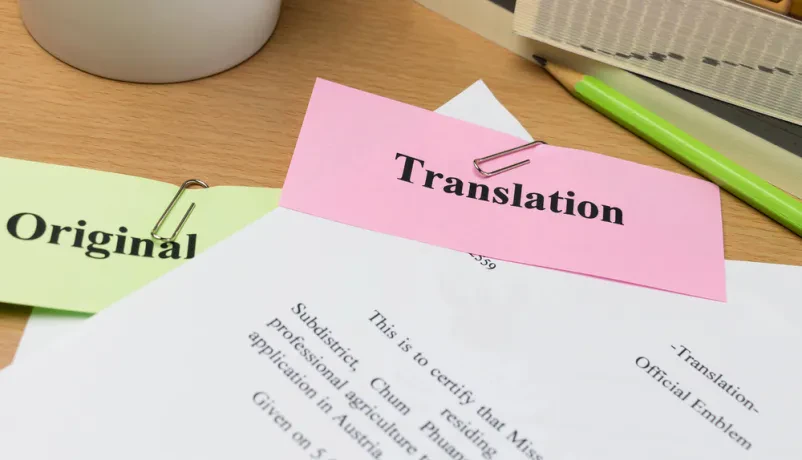 Na leseni mizi leži prevajalski dokument, ob njem pa so knjige in skodelica. Prizor nakazuje osredotočeno pisarniško delo.