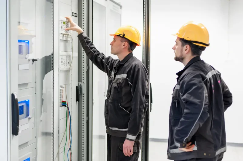 Dva inženirja v varnostni opremi skrbno pregledujeta in testirata kompleksne elektronske inštalacije ter krmilne enote visokonapetostnih stikalnih naprav, kar je osnova za kakovosten Servis na terenu po Sloveniji za elektronske stroje in naprave.