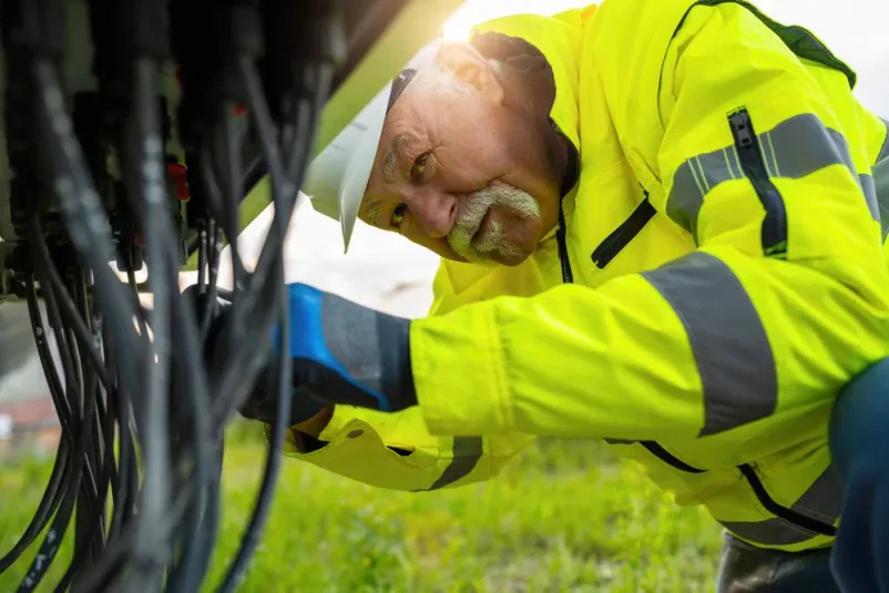 Izkušen tehnik v visoko vidnem jopiču natančno pregleduje električne kable na polju s solarnimi paneli, kar je ključno za preventivno vzdrževanje in pravilno delovanje sistema.