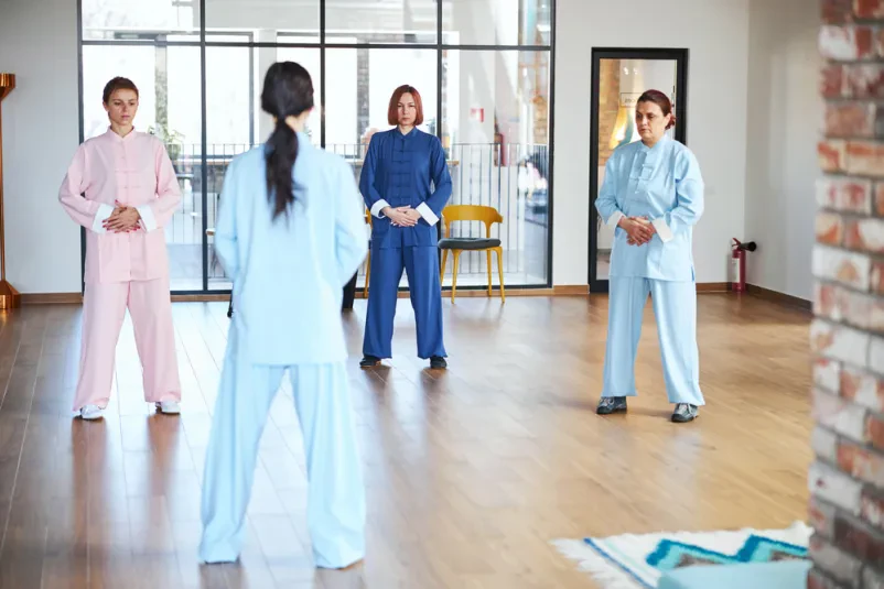 Skupina žensk v oblekah izvaja vaje za samozdravljenje in meditacijo. To so Chi gong terapije meditacija Domžale.