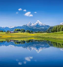 Idilična poletna pokrajina z bistrim gorskim jezerom in zelenimi pašniki pod visokimi alpskimi vrhovi Gorenjske.