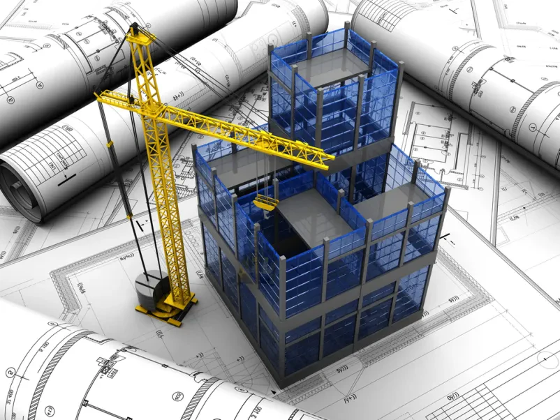 Projekt sodobne gradnje stolpnic Tridimenzionalni model sodobne visoke stavbe z gradbenim žerjavom v ozadju, ki prikazuje kompleksnost in obseg del pri novi gradnji v mestnem okolju.