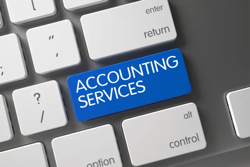 Tipka »Accounting Services« na prenosnem računalniku simbolizira sodobno in učinkovito Kvalitetno računovodstvo Ljubljana.