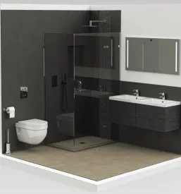 Fotorealistična 3D vizualizacija moderne kopalnice z elegantnimi keramičnimi ploščicami in sodobno sanitarno opremo. Kvalitetno notranje oblikovanje in dizajn, na voljo v Sloveniji in tujini.
