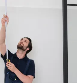 Mlad delavec s pomočjo merilnega traku skrbno meri dimenzije tuš kabine v kopalnici, pripravljajoč se na prenovo.