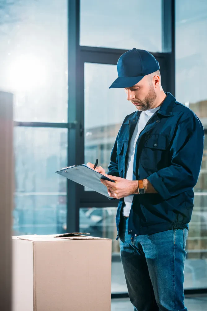 Kurir s pisalom v roki pozorno izpolnjuje tovorno deklaracijo na kartonskem paketu, kar kaže na natančnost in zanesljivost.