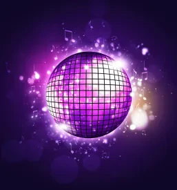 Klasično synthpop retro glasbeno ozadje z bleščečo disco kroglo, pripravljeno za aktivno zabavo v stilu 80. let. Spominja na nepozabne disco dogodke 80s 90s Slovenija.