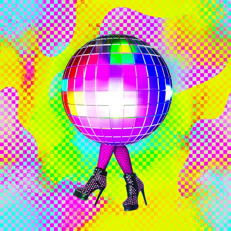 Digitalna kolaž umetnost v disco stilu, ki prikazuje modni party in nočno življenje s stiliziranimi figurami in svetlimi barvami.