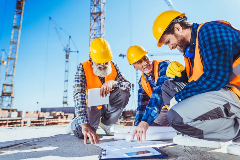 Trije gradbeni delavci v zaščitni opremi sedijo na betonu in se posvetujejo o gradbenih načrtih na delovišču. Gradbeništvo, zidarstvo in gradnja objektov Ljubljana in okolica se začne s skrbnim načrtovanjem in timskim delom.
