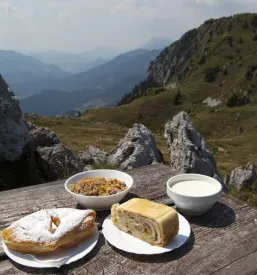 Dobra domača hrana iz planinske koče na Savinjskem z lepim razgledom na planine v ozadju.